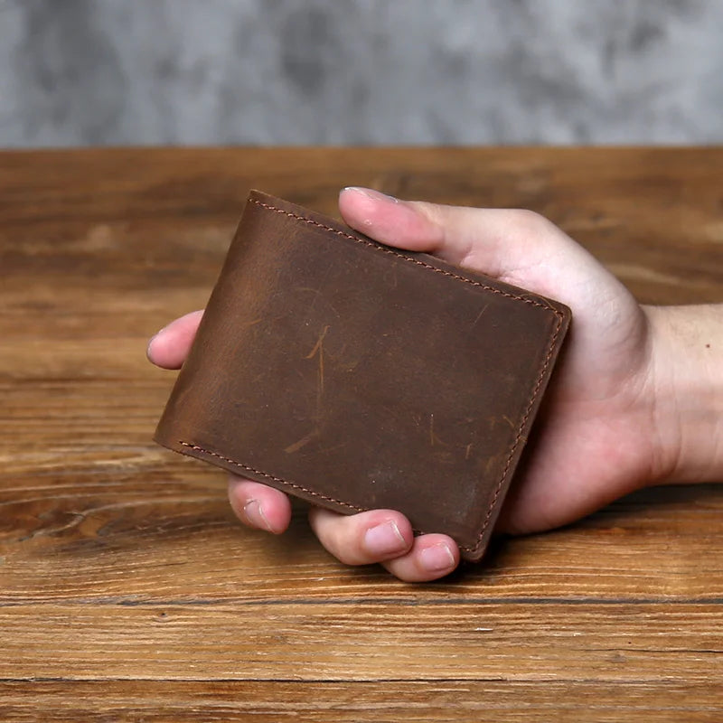 Retro Men's Genuine Leather Wallet Top Layer Cowhide Short Wallet with Crazy Horse Leather Zero Wallet Card  ID Bag