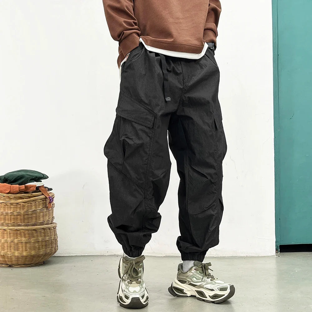 Korean Techwear Cargo Pants Men Spring Summer Quick Dry Lightweight Streetwear Casual Loose Fit Tapered Joggers Hip Hop Trendy