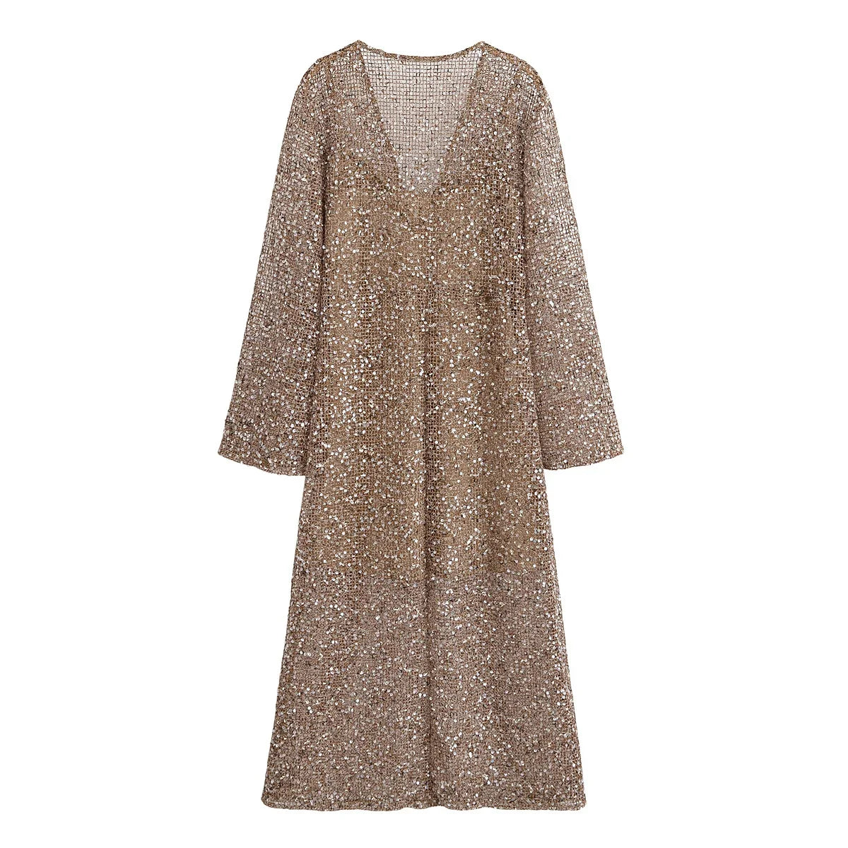 Sexy Sequined Long Pleated Dress Women Deep V-neck Full Sleeve See Through Dresses 2026 Summer Lady Party Evening Dresses ﻿