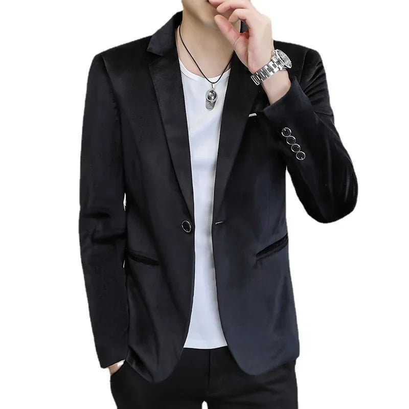 2026 Men's Red Slim Suit Jacket, Long Sleeve Single Button Dress Coat, Asian Size Teenagers Blazers Blue Green Black Male Tops