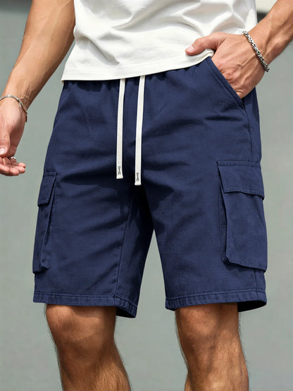 Men's Loose Polyester Straight-Leg Pants, Casual Multi-Pocket Work Shorts, High-End Men's Shorts, Drawstring Daily Work Shorts