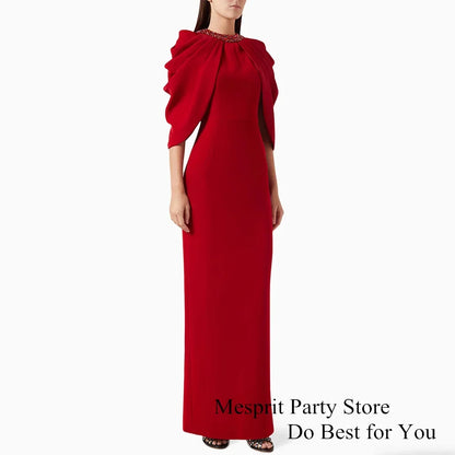 Red Prom Dress with Cape Customized Crystal Stones Sheath Back Split Saudi Arabian Woman Evening Gown فساتين للمناسبات الخاصة