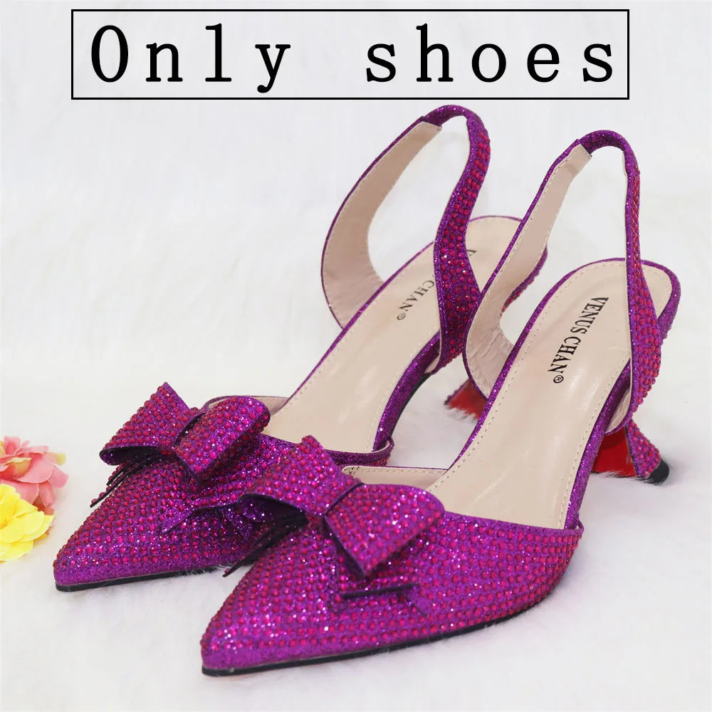 Bridal High Heels for Women 2023 Pointed Toe With Bows Gold Color Rhinestone  Elegant Party Wedding Shoe and Bag Set