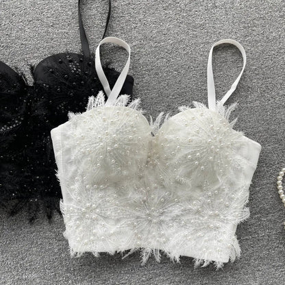 Women Hotsweet Sleeveless Sexy Chest Cushion Lace Backless Embroidered Beads Slim Straps Camis Top High Street Autumn Clothing