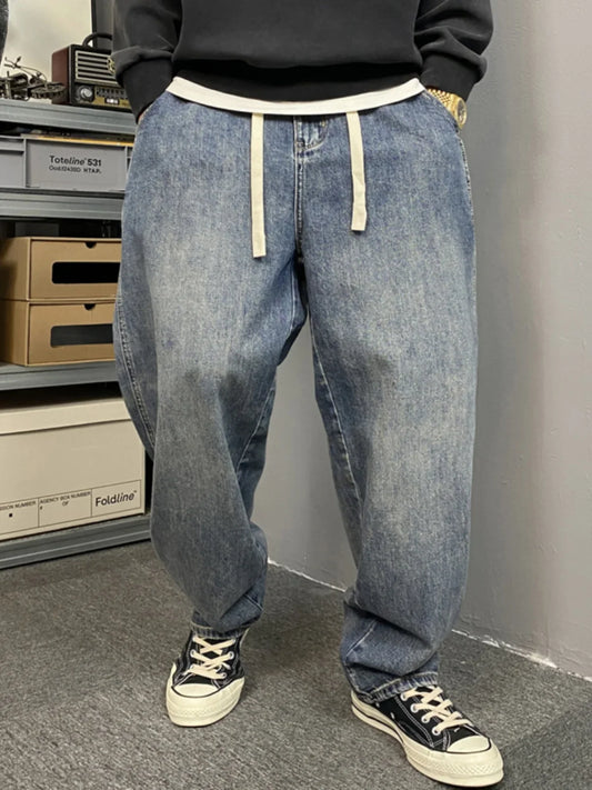 American Style Casual Faded Loose Straight Leg Jeans for Men Spring Autumn Wear Comfortable Wide Leg Pants Youth Fashion