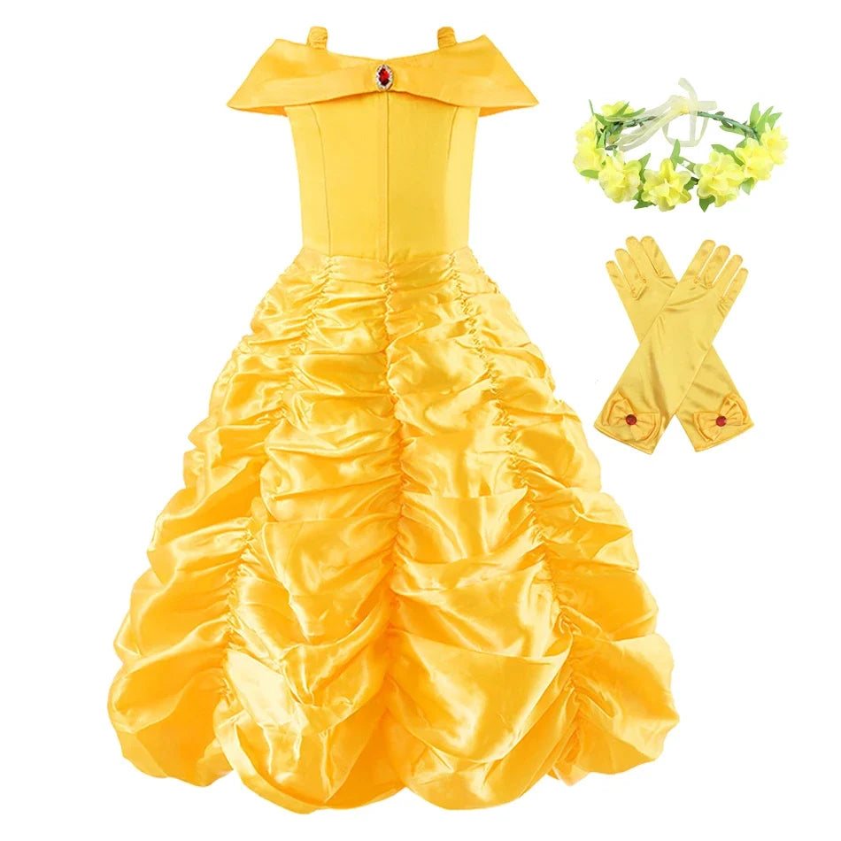 Yellow Princess Dress Halloween Cosplay Costumes Beauty and The Beast Kid Dress For 2-10Y Girls Birthday Party Children Clothing