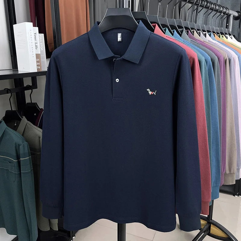 Fashion brand autumn new men's top casual warm 100% cotton long sleeved Polo shirt