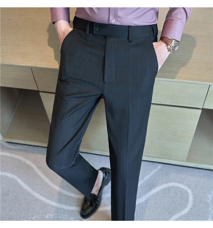 High Qualitys Wool Elastic Waist Striped Suit Pants Autumn Winter Thickening Men Business Slim Fit Social Casual Trousers Hommes