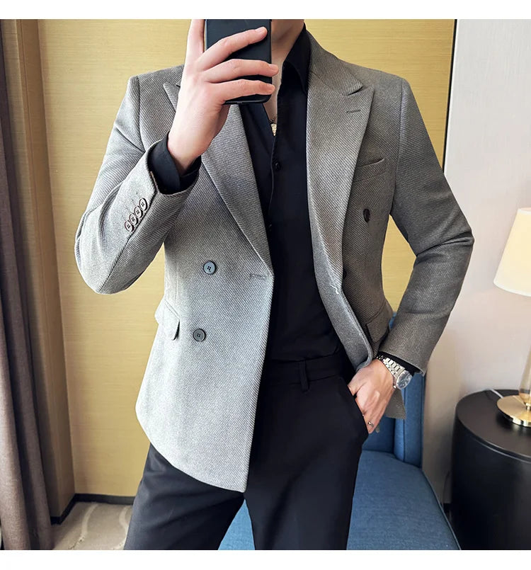 High Quality Men Double Breasted Blazer Suede Gilded Twill Slim Fit Business Social Formal Suit Jacket Tailcoats Men Clothes
