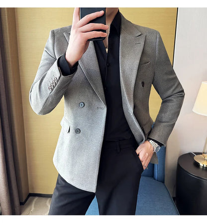 High Quality Men Double Breasted Blazer Suede Gilded Twill Slim Fit Business Social Formal Suit Jacket Tailcoats Men Clothes