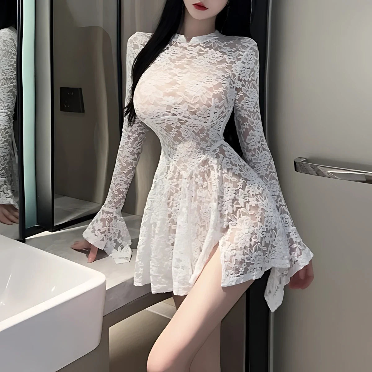 Women's Autumn Mesh Lace Hollow Out White Short Dress Women Micro Flare Sleeve See Through Translucent Sexy Girl's Mini Dress
