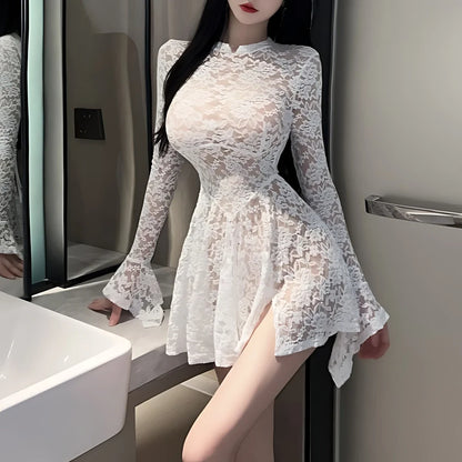 Women's Autumn Mesh Lace Hollow Out White Short Dress Women Micro Flare Sleeve See Through Translucent Sexy Girl's Mini Dress