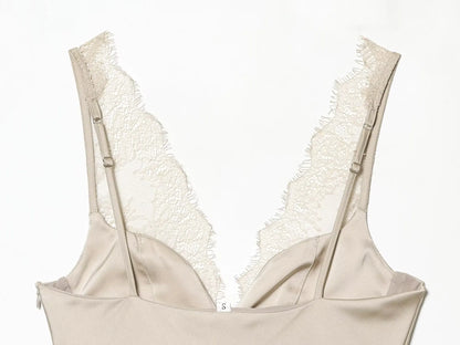 Elegant Women Lace Splice Sexy Satin Sling Tops 2026 Spring Summer Fashion Female V-Neck Backless Slimming Underwear Vest