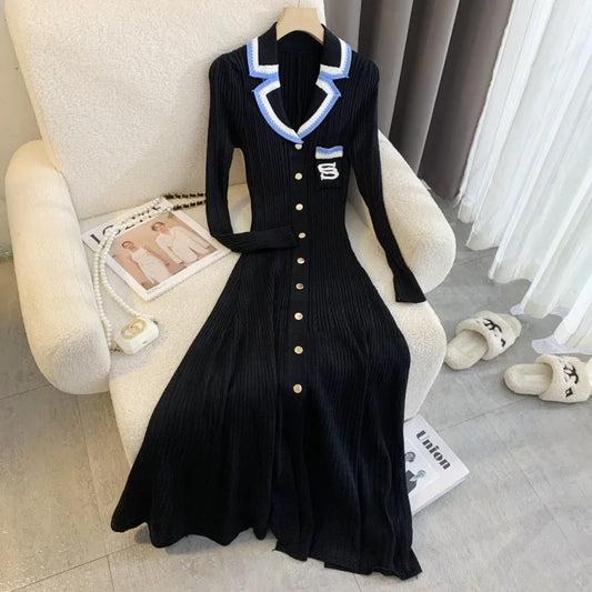 Elegant Embroidery Letter Knitted Maxi Dress Autumn Winter Brand Fashion Lady Notched Black Sweater Dress Office Robes