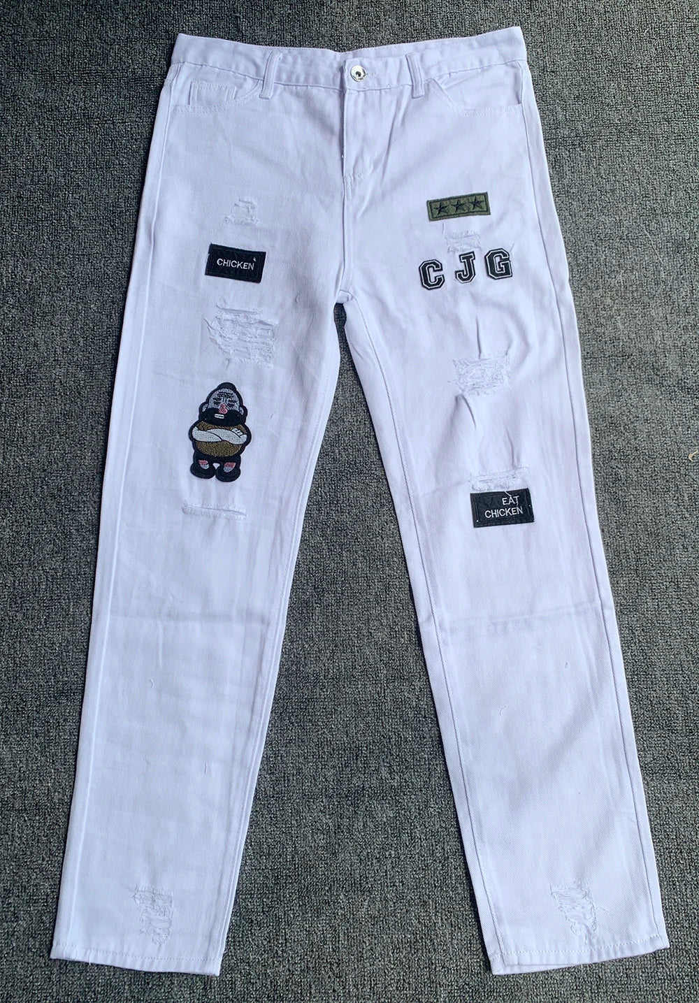 White Embroidery Skinny Ripped Jeans Men Cotton Stretchy Hole Slim Fit Hip Hop Denim Pants Casual Jeans for Men Jogging Trousers