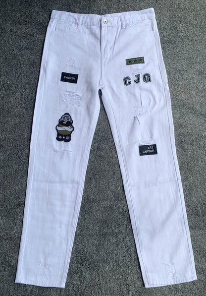 White Embroidery Skinny Ripped Jeans Men Cotton Stretchy Hole Slim Fit Hip Hop Denim Pants Casual Jeans for Men Jogging Trousers
