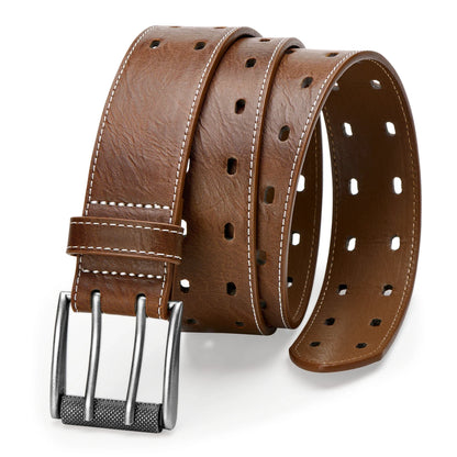 Men Classic Double Prong Belt Fashion Casual Heavy Duty Work Faux Leather Belts For Jeans Pants