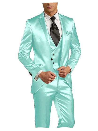 Luxury Men's Satin Suit 3 Piece Set Notch Lapel Slim Fit 1 Button Blazer Vest Pants for Formal Groom Groomsmen Prom Party