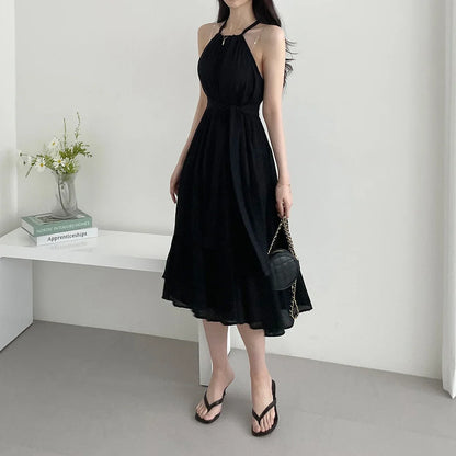 Korean Style Summer Slimming Necktie Waist Cinched Sleeveless Vest Long Dress Women's Fashionable Commute Style Inner Wear