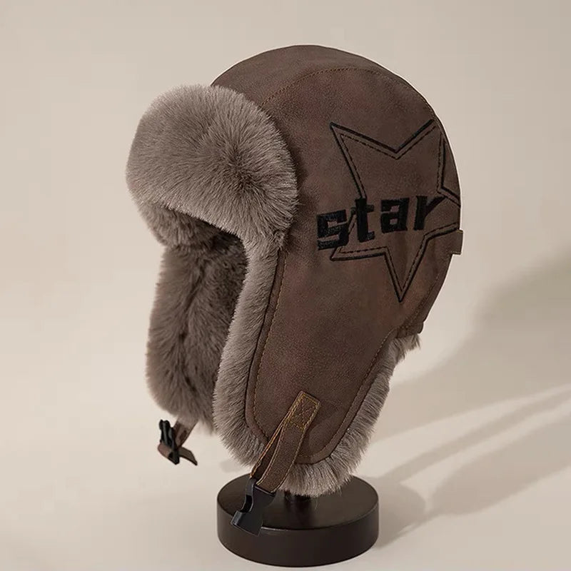 Bomber Hat Thick Warm Russian Hat Fur Lined Autumn Winter Hats for Men Women Windproof PU Leather Ski Trapper Earflap Cap