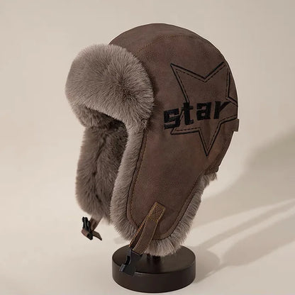 Bomber Hat Thick Warm Russian Hat Fur Lined Autumn Winter Hats for Men Women Windproof PU Leather Ski Trapper Earflap Cap