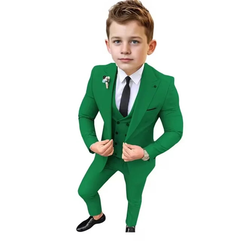 Boys Formal Slim Fit Suits 3 Pieces Holiday Celebration Outfit,Autumn Long Sleeve Kids Peak Lapel Suit Set Wedding Guest Wear