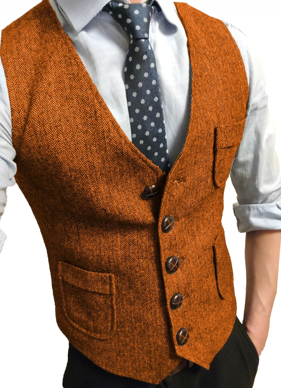 Men's Formal Suit Vest V-Neck Tweed Herringbone Waistcoat Business Dress Suit Vests for Wedding