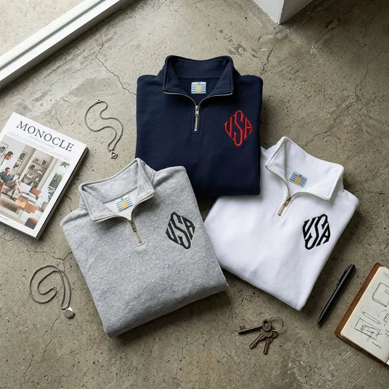 Y2K Navy Blue Quarter Zip Sweatshirt USA Embroidered American Flag Patch Jacket Men Women Vintage Streetwear Fashion Trend Top