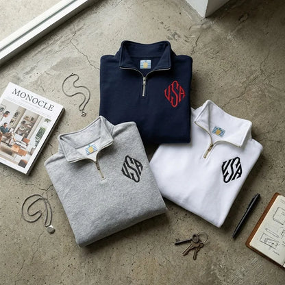Y2K Navy Blue Quarter Zip Sweatshirt USA Embroidered American Flag Patch Jacket Men Women Vintage Streetwear Fashion Trend Top