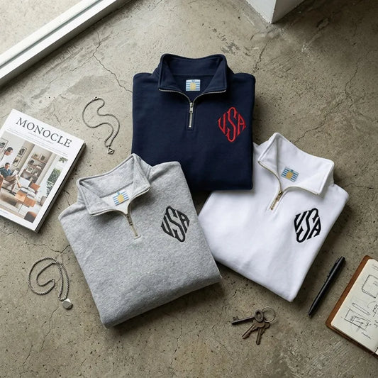 Y2K Navy Blue Quarter Zip Sweatshirt USA Embroidered American Flag Patch Jacket Men Women Vintage Streetwear Fashion Trend Top