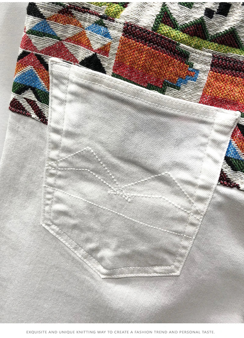 Summer New Denim Shorts Men's Stitching Embroidery Ripped Knee-length Shorts White Black Retro Blue Fashion High Quality Jeans