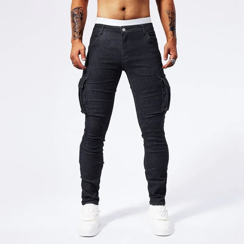 Slim Fit Large Pocket Jeans Cargo Pants for Men Fashionable Casual Hip Hop Stretch Denim Long Pants Male Streetwear Track Pants
