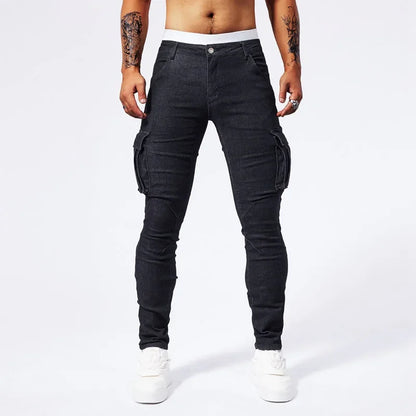 Slim Fit Large Pocket Jeans Cargo Pants for Men Fashionable Casual Hip Hop Stretch Denim Long Pants Male Streetwear Track Pants