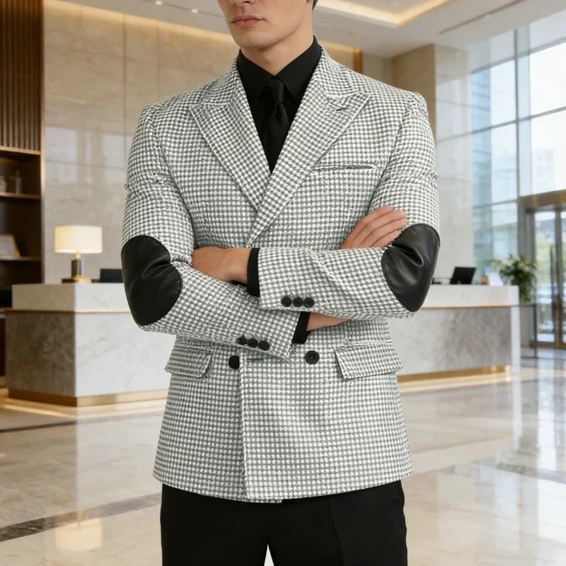 Men's Vintage Houndstooth Blazer Notch Lapel Leather Elbow Patches Slim Fit Jacket Business Casual Sport Coat For Spring Autumn