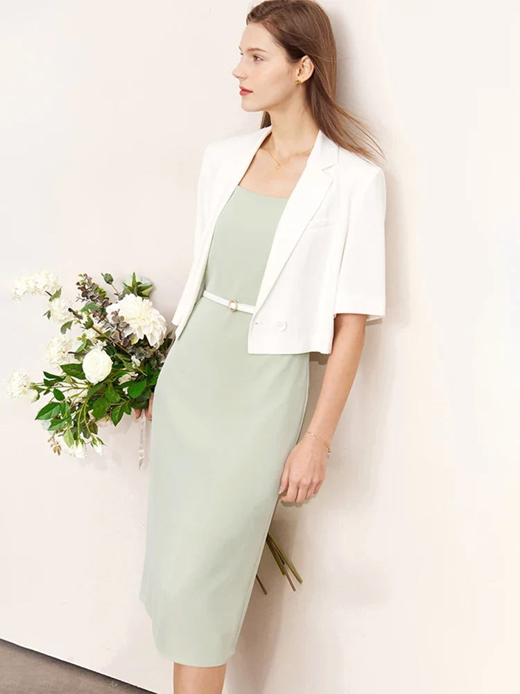 Minimalism Women's Jacket Casual Blazer 2024 Summer Shirts Office Lady Black Business Blazers Short Sleeve Tops 12322062