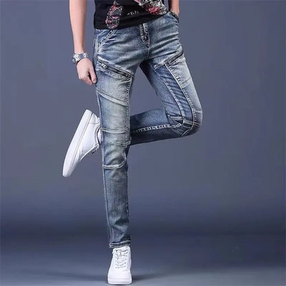 High-End Men's Slim Fit Jeans with Zipper Splicing Elastic Casual Long Trousers Trendy Retro Style Cotton Stretch Denim
