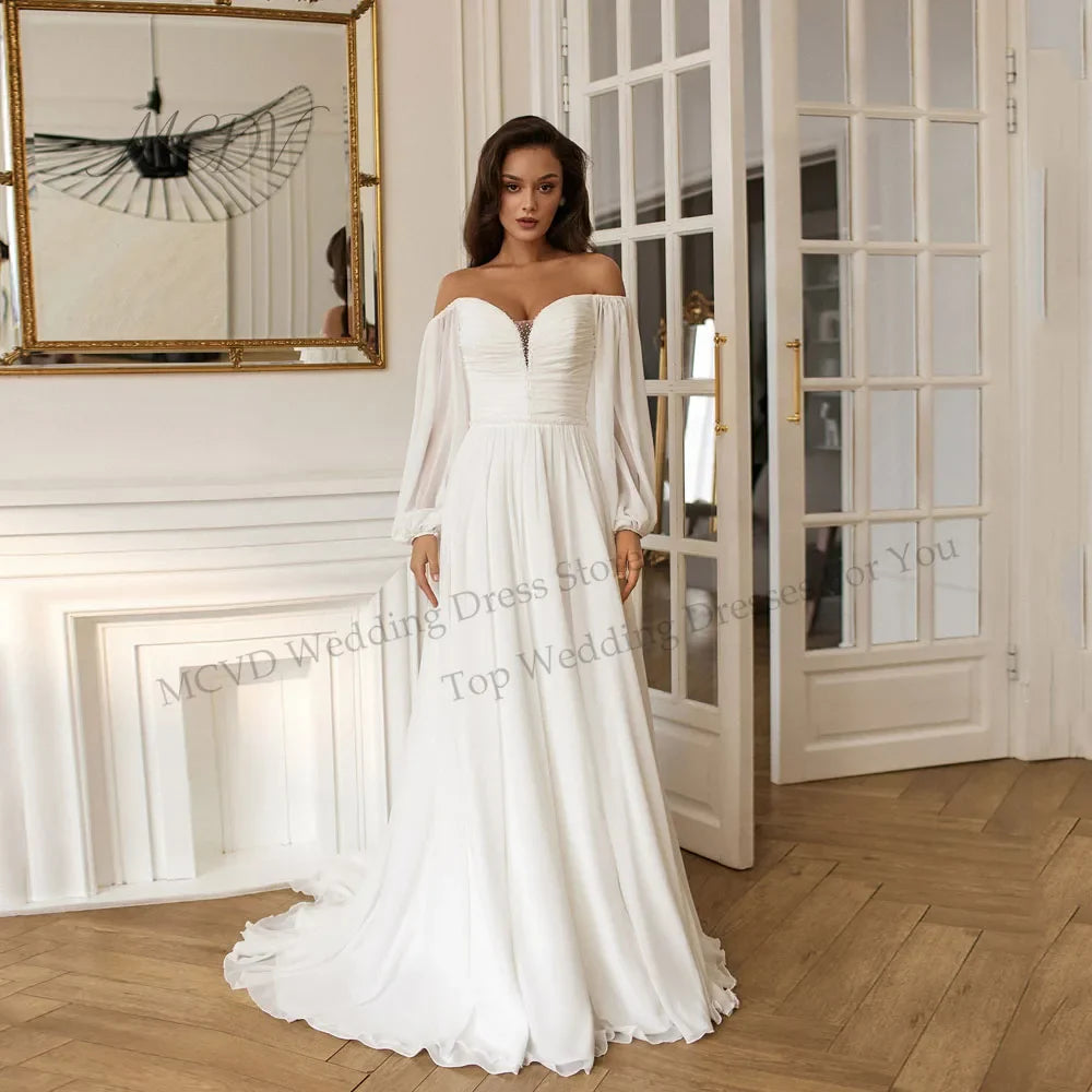 Civil Chiffon Wedding Dresses Beaded Puff Sleeve Off Shoulder Lace Up Back Ivory Elopement Bridal Dresses For Beach Ceremony
