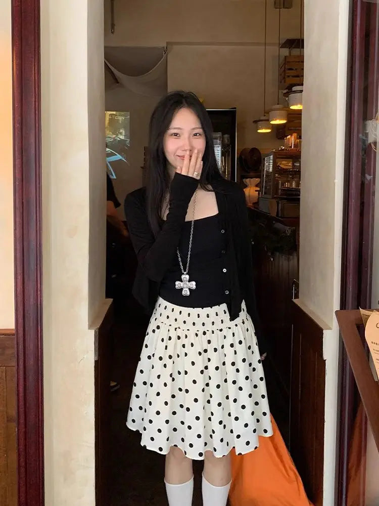 Deeptown Korean Style Polka Dot Skirts Women Sweet Elegant Y2k Ruffle Skirts Vintage Summer Femal A-line Mid Skirts Aesthetics