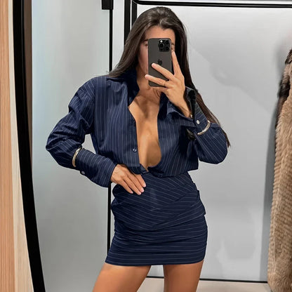 Elegant High Waist Stripe Shirt Dress Women 2025 Street Chic Long Sleeve Slim Dresses Female Office Single Breasted  Dress
