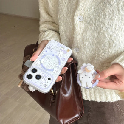 Korean INS Star Bow Rabbit With Magsafe Stand Phone Case for iPhone 17 Pro 13 14 15 16 Pro Max Cover Rotate Holder Cute Cases