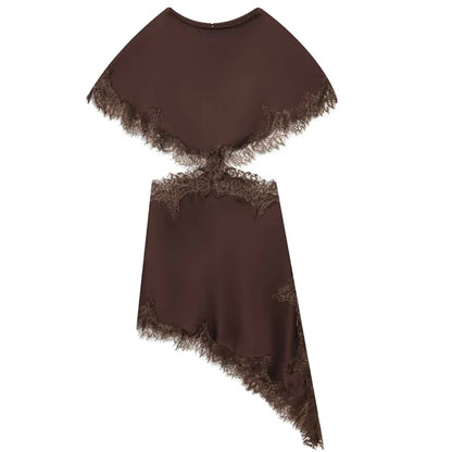 Lace Asymmetric Dress Women 2026 Sexy Mini Satin Batwing Sleeve Dress Luxury Women's Elegant Party Dress Hollow Out Vestido