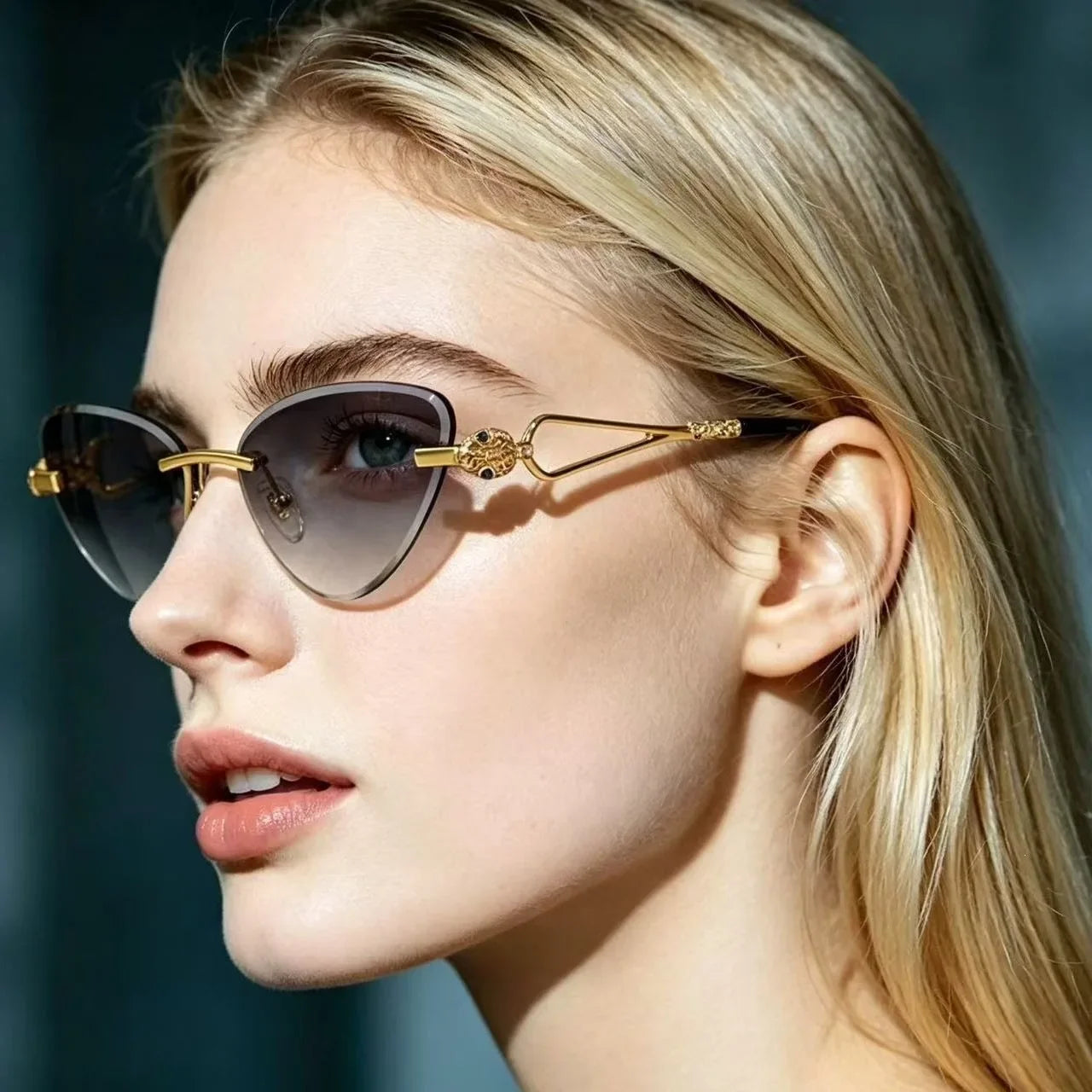 Rimless Cut Edge Cat Eye Sunglasses Gem Inlay Hollow Metal Temple UV400 Gradient Lens Shades for Women Daily Outdoor Sun Glasses