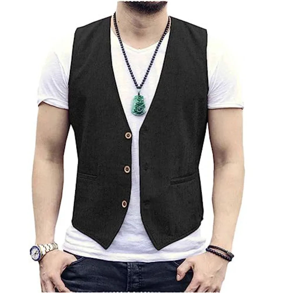 Large Men's Suit Vest  Spring And Summer Linen Cotton Slim Fit Waistcoats Lightweight And Breathable Single Breasted Casual Vest