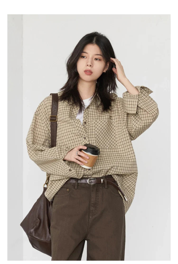 Women Shirt Loose Casual Single-breasted New Retro Contrast Plaid Embroidered Blouses Female Top Autumn Winter 2026