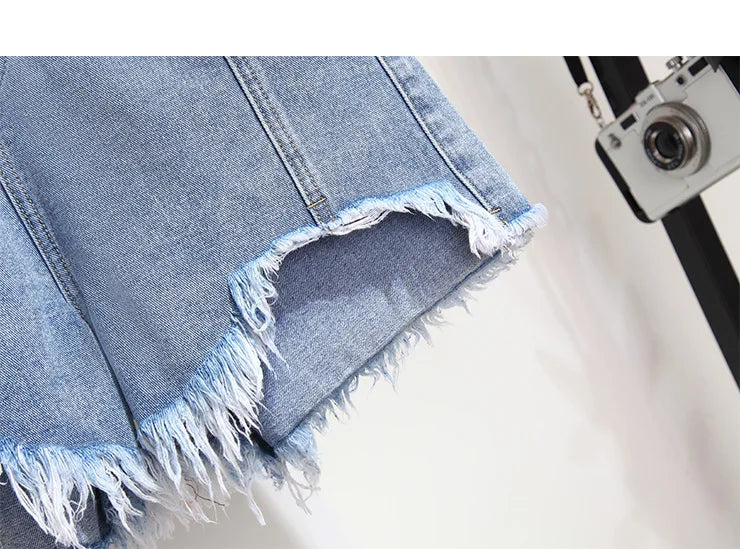 Summer High-waisted Denim Shorts Women Fur-trimmed Zipper Pocket 7XL Jeans Casual Fashion Loose Patchwork Short Pants