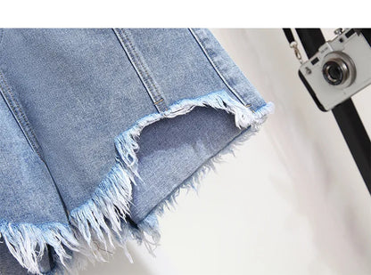 Summer High-waisted Denim Shorts Women Fur-trimmed Zipper Pocket 7XL Jeans Casual Fashion Loose Patchwork Short Pants