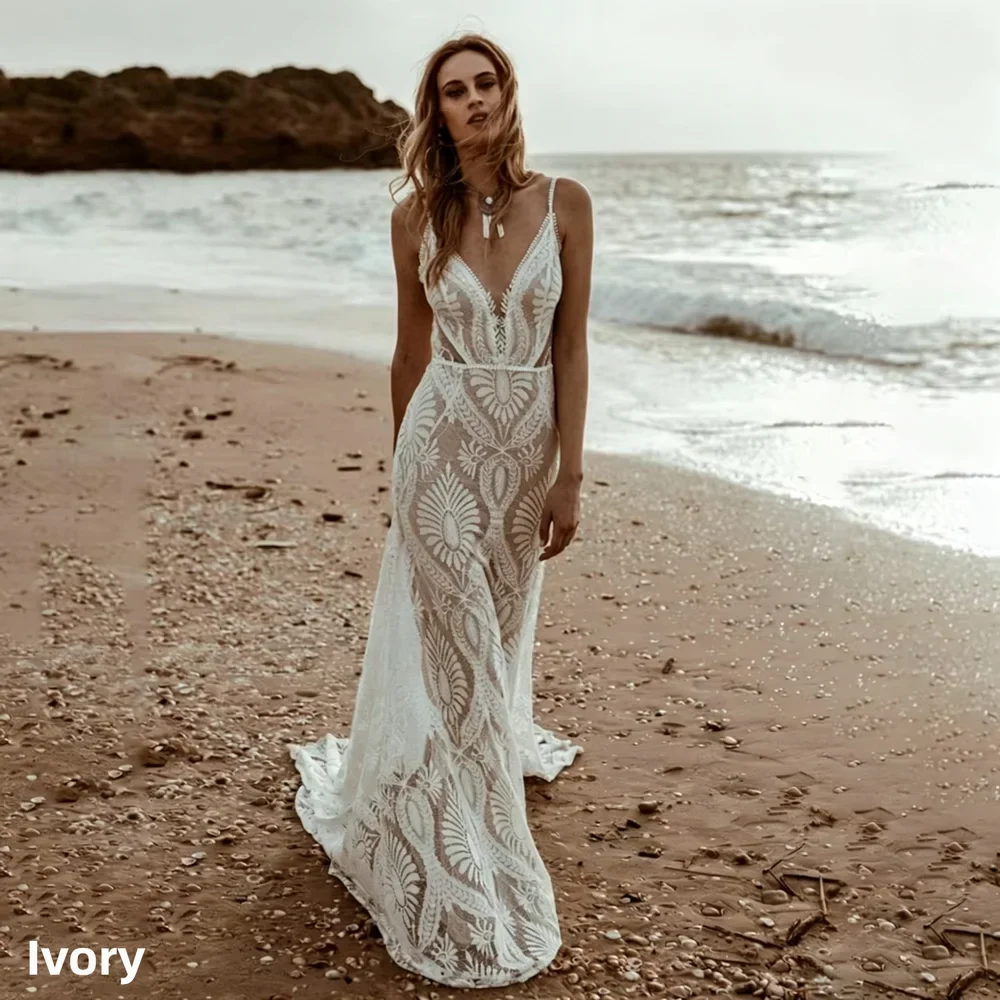 Customized Sexy Lace V Neck Beach Mermaid Wedding Dresses Elegant Spaghetti Straps Bridal Gowns Backless Vestidos De Novia