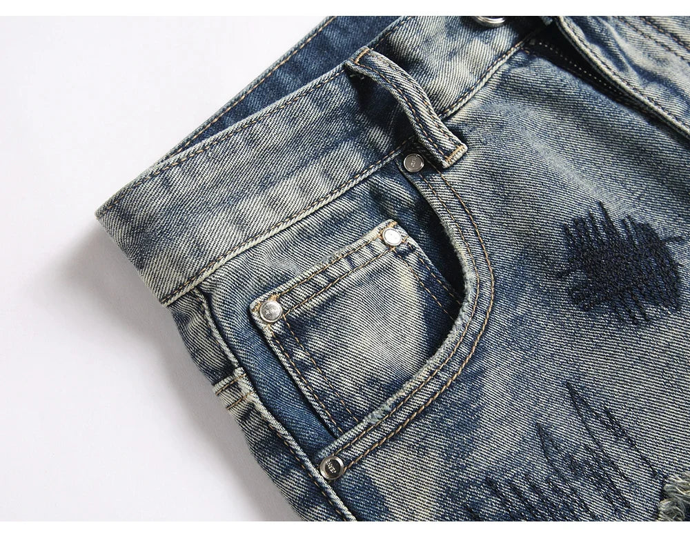 Men's Boot Cut Jeans Streetwear Patches Released Hem Pants Vintage Blue Embroidery Patchwork Flared Trousers