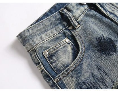Men's Boot Cut Jeans Streetwear Patches Released Hem Pants Vintage Blue Embroidery Patchwork Flared Trousers