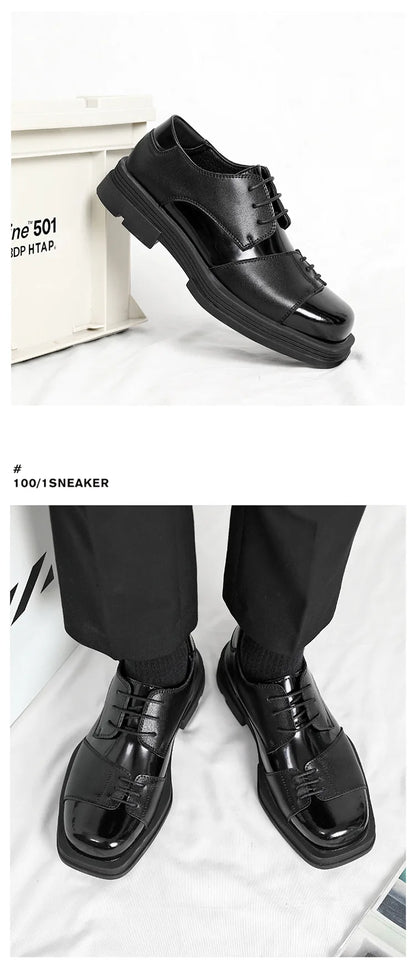 Men Genuine Leather Derby Shoes Vintage Square Toe Male Lace Up Platform Dress Shoes Black Business Footwear Wedding Shoes